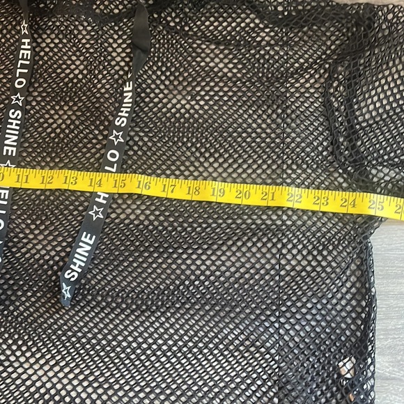 Black mesh,knit pullover w hoodie and drawstring, coverup, see through,Large - Picture 5 of 9